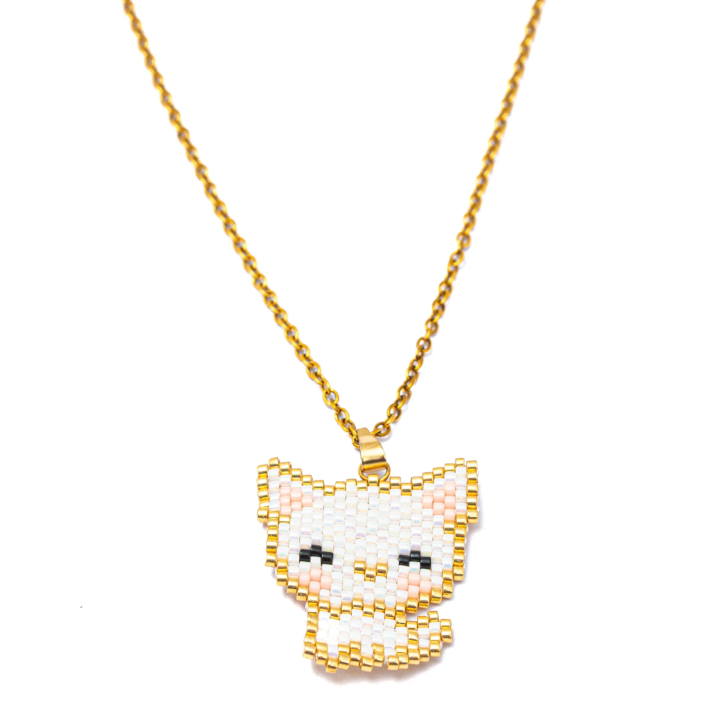 Jenni & Janki Cat Handcrafted Miyuki Delica Beaded Necklace (White)