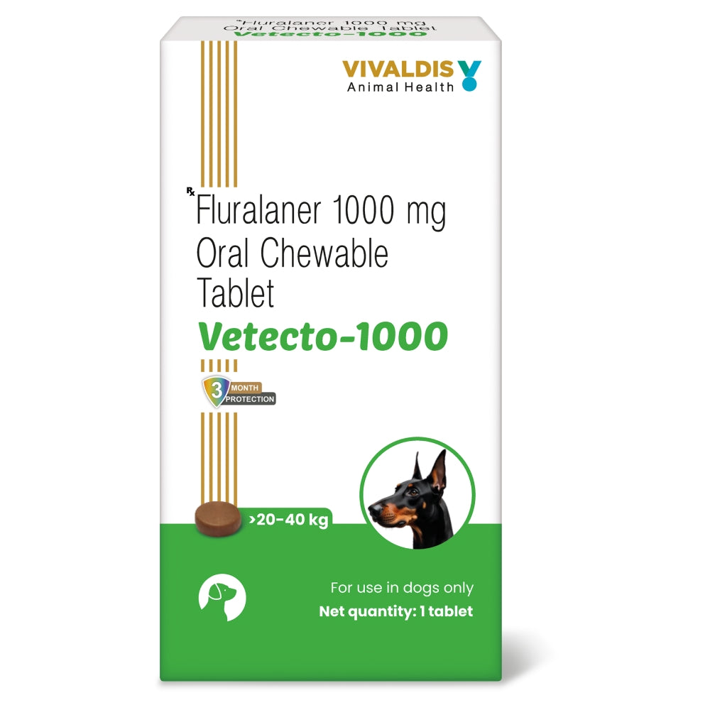 Vivaldis Vetecto 1000 (Fluralaner) chewable Tick & Flea tablet for Dogs (20 to 40 kg)