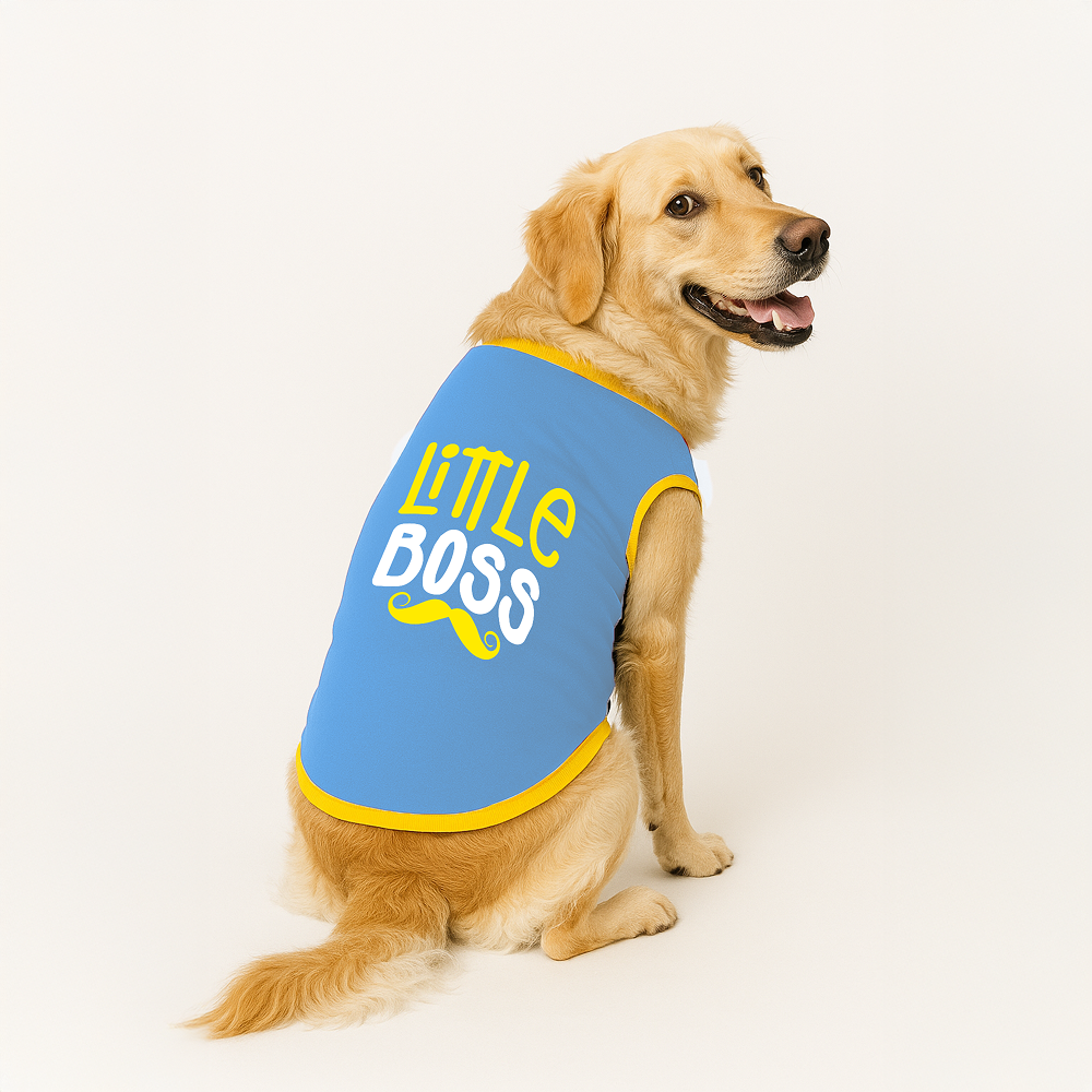 PawsIndia Little Boss Printed with Ribbed Sleeves TShirt for Dogs (Blue)