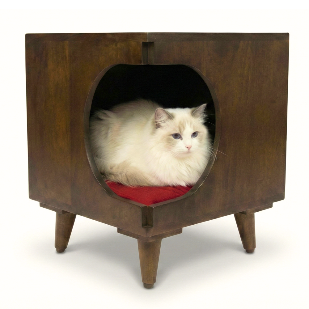 FurryLiving Wally Side Table with Cushion for Small Dogs and Cats (Dark Brown/Red Cushion)