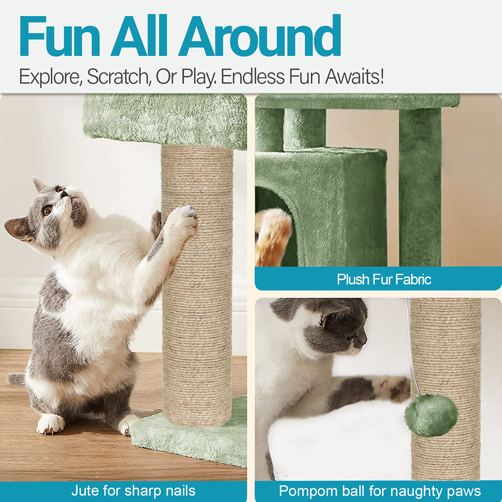 Furrlovers Plush Cat Scratching Post & Activity Tree with Hammock, Condo & Sisal Rope (Green) image 3