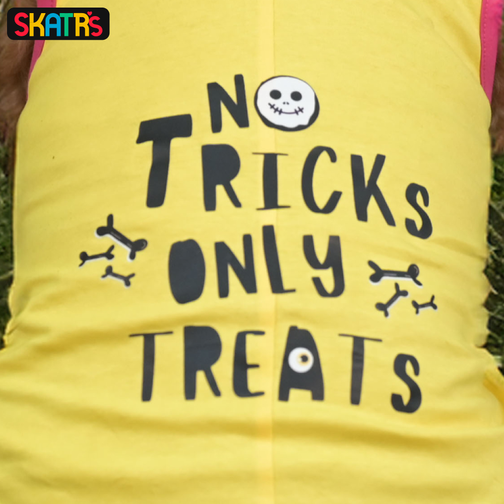 Skatrs No Tricks Only Treats Printed Summer Cotton T Shirt Dogs and Cats (Yellow) image 3