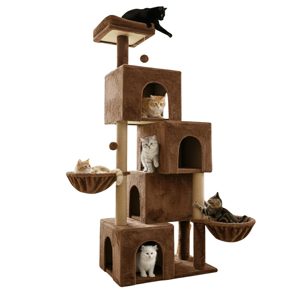 Furrlovers Multilevel Plush Cat Tree with Condo, Hammock & Jute Rope Scratching Posts (Brown)