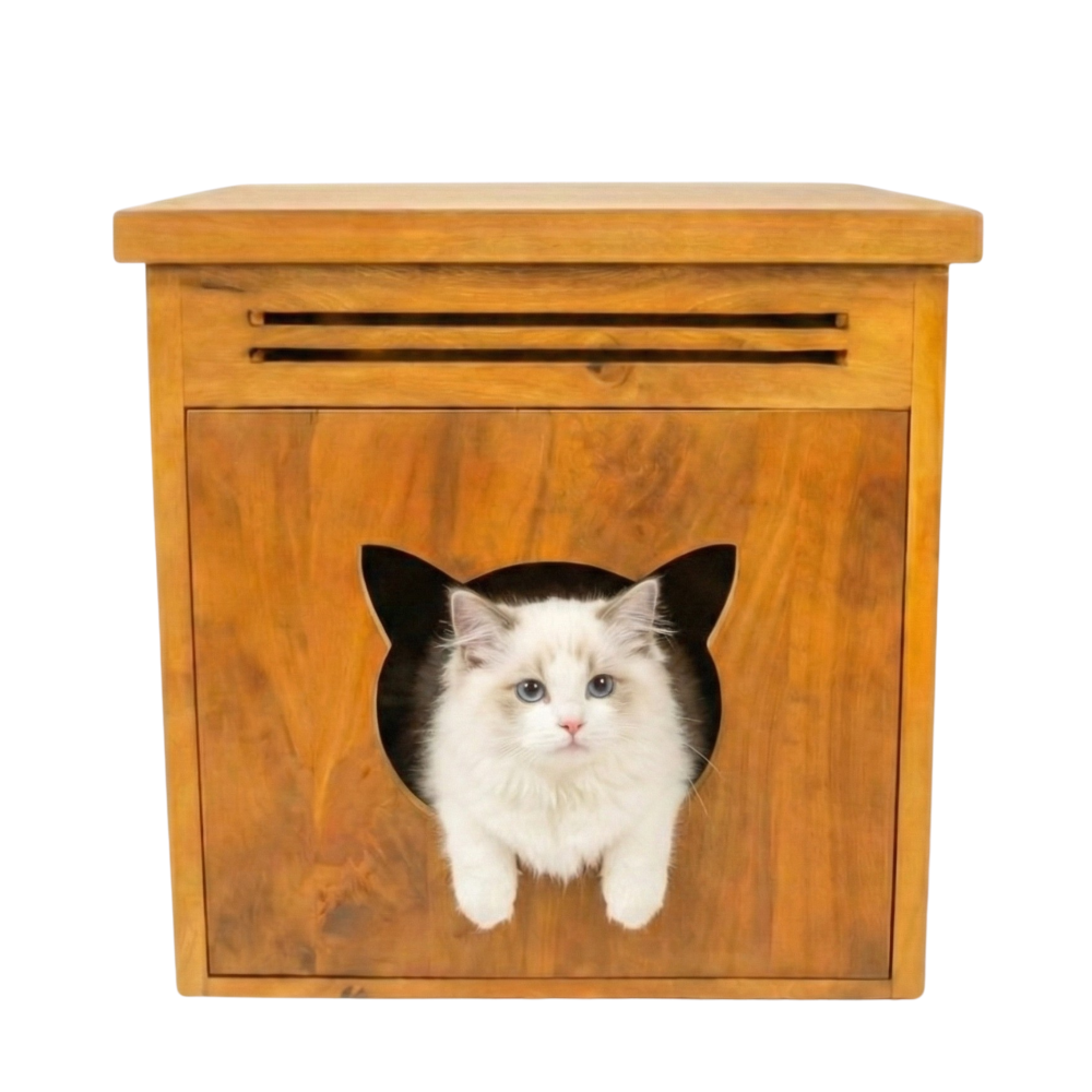 FurryLiving Meraki Cabinet with Cushion for Small Dogs and Cats (Honey/Red Cushion)