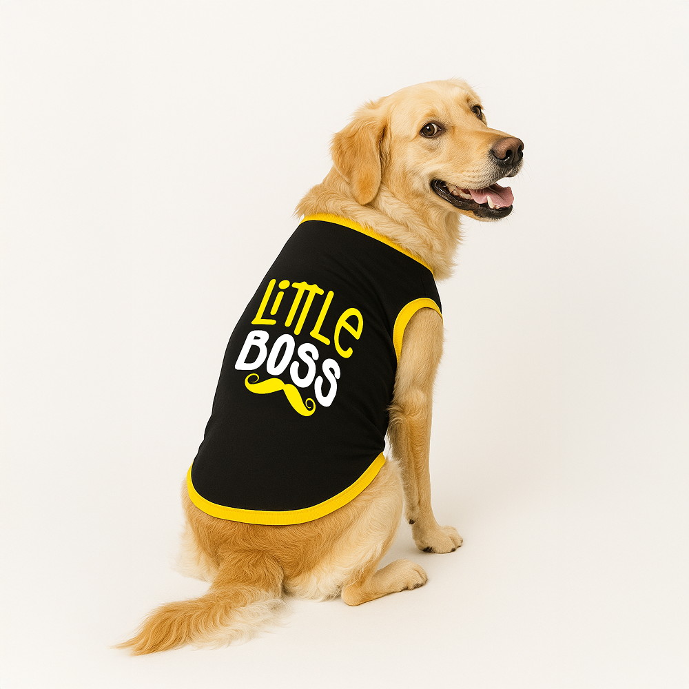 PawsIndia Little Boss Printed with Ribbed Sleeves TShirt for Dogs (Black)