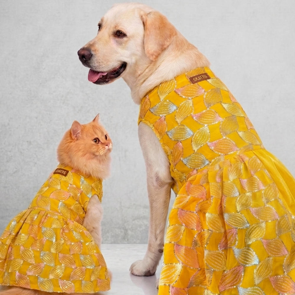 Skatrs Maharani Handcrafted Lehenga Dress for Dogs and Cats (Sunshine Gold)
