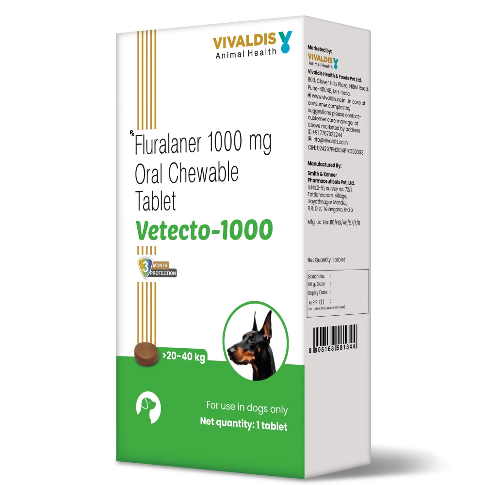 Vivaldis Vetecto 1000 (Fluralaner) chewable Tick & Flea tablet for Dogs (20 to 40 kg) image 2