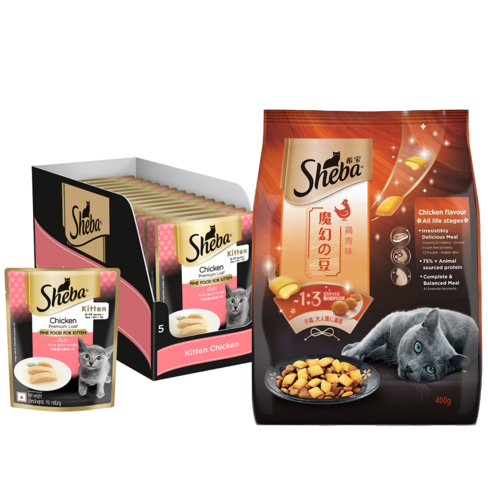 Sheba Chicken Loaf Premium Kitten (2 to 12 Months) Wet Food and Chicken All Life Stage Cat Dry Food Combo
