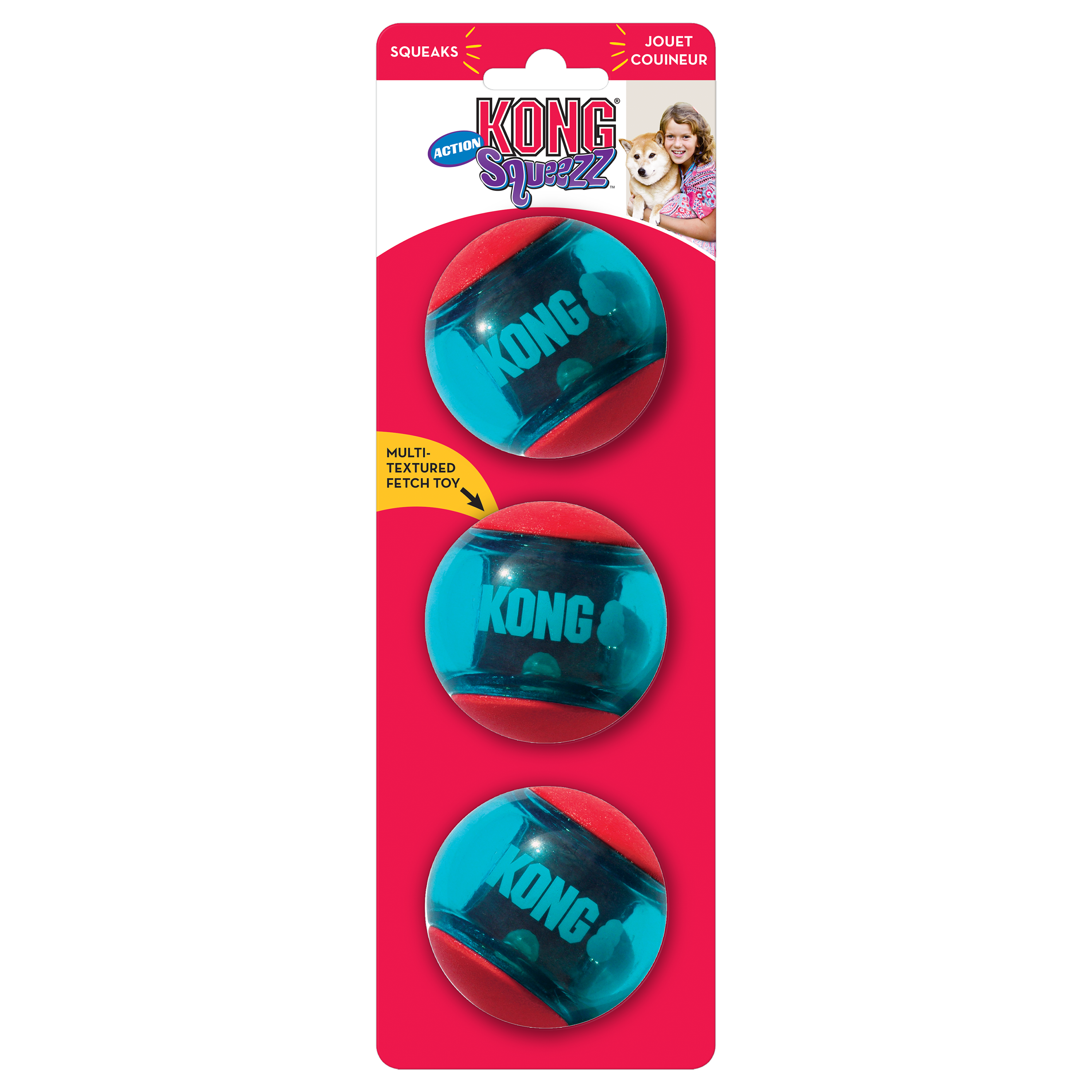 Kong Squeezz Action Ball Toy for Dogs (Red & Blue) (Pack of 3)