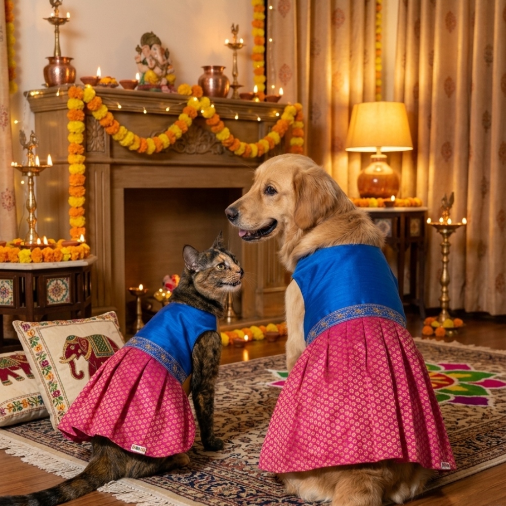 Skatrs Ethnic Lehenga Dress for Dogs and Cats (Royal Pink & Blue) image 2