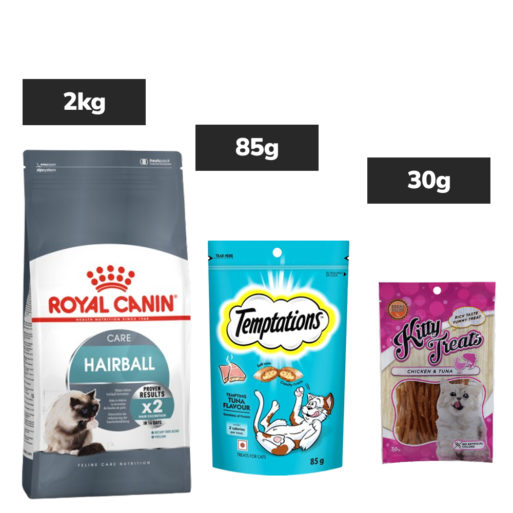 Royal Canin Hairball Care Adult Nutrition, Temptations Tempting Tuna Flavor Delight, Kitty Treats Soft Chicken Tuna Indulgence Cats Combo