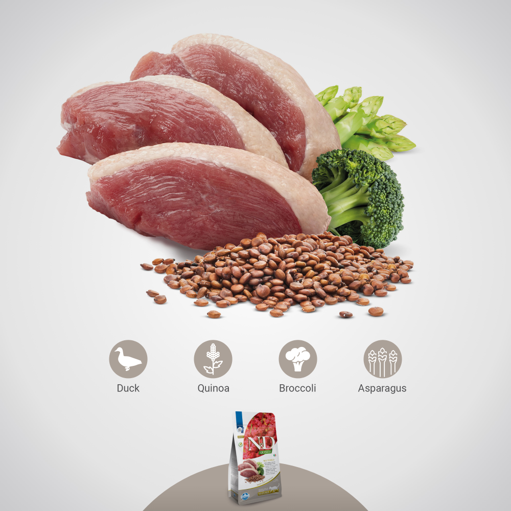 Farmina N&D Neutered Quinoa Duck, Broccoli & Asparagus Adult Cat Dry Food image 4