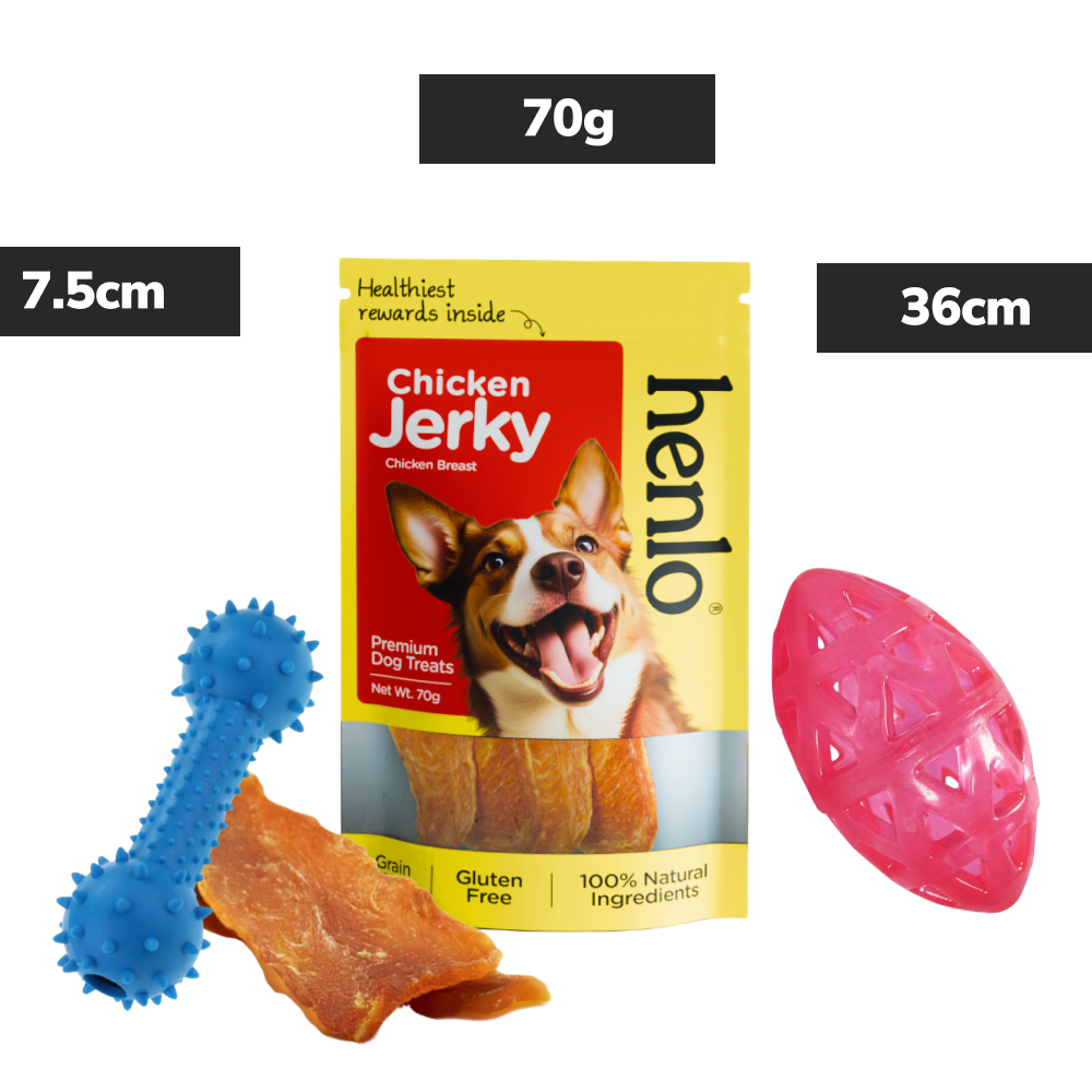 Skatrs Rugby Ball & Pet Vogue Bone Chew Toy with Henlo Chicken Jerky High Protein Treats Dog Combo image 1