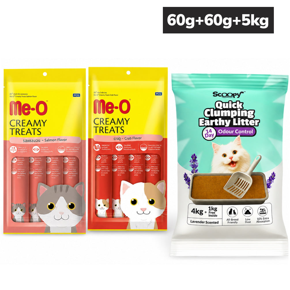 Me O Creamy Crab & Salmon Treats with Scoopy Lavender Litter Combo for Cats