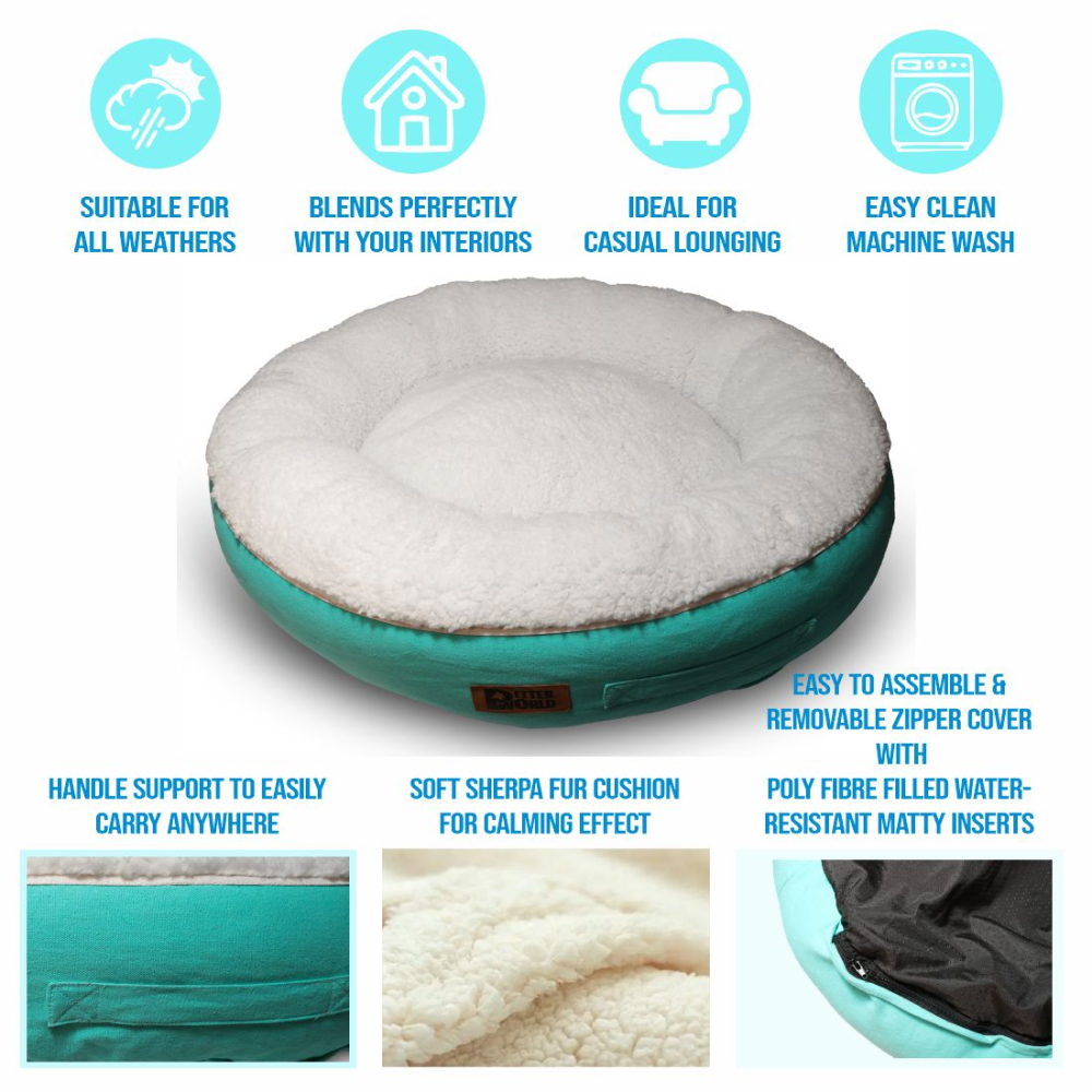 Petter World Ultra Luxury Cotton Canvas Donut Bed With Removable Sherpa Fur Cushion for Dogs (Turquoise) image 5