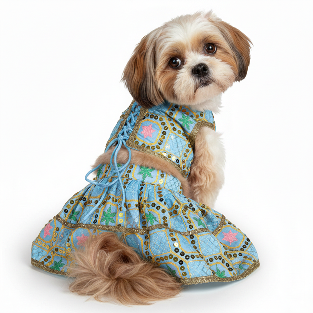 Pawsindia Traditional Desi Diva Lehenga Choli Set for Dogs (Sky Blue)