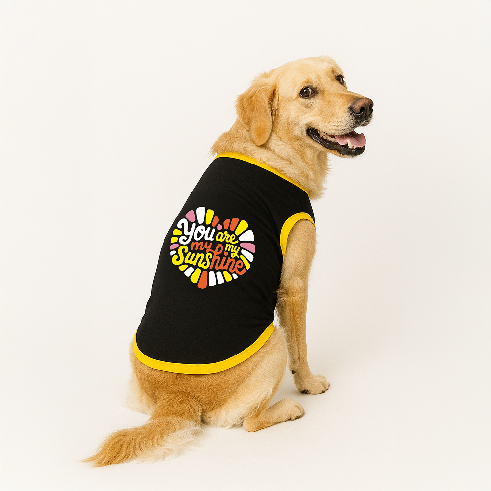 PawsIndia You Are My Sunshine Printed with Ribbed Sleeves TShirt for Dogs (Black)