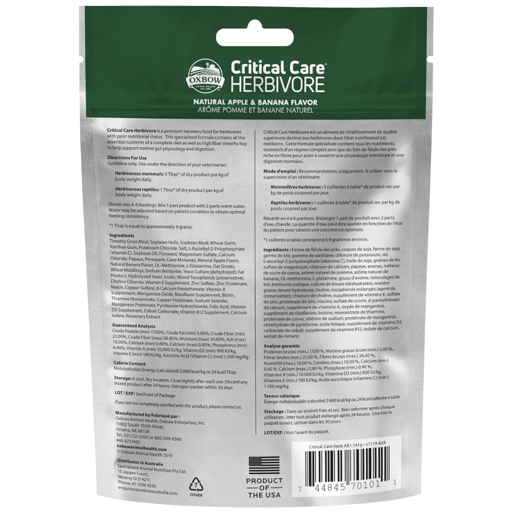 Oxbow Critical Care Apple and Banana Herbivore Dry Food for Rabbits and Guinea Pigs image 2