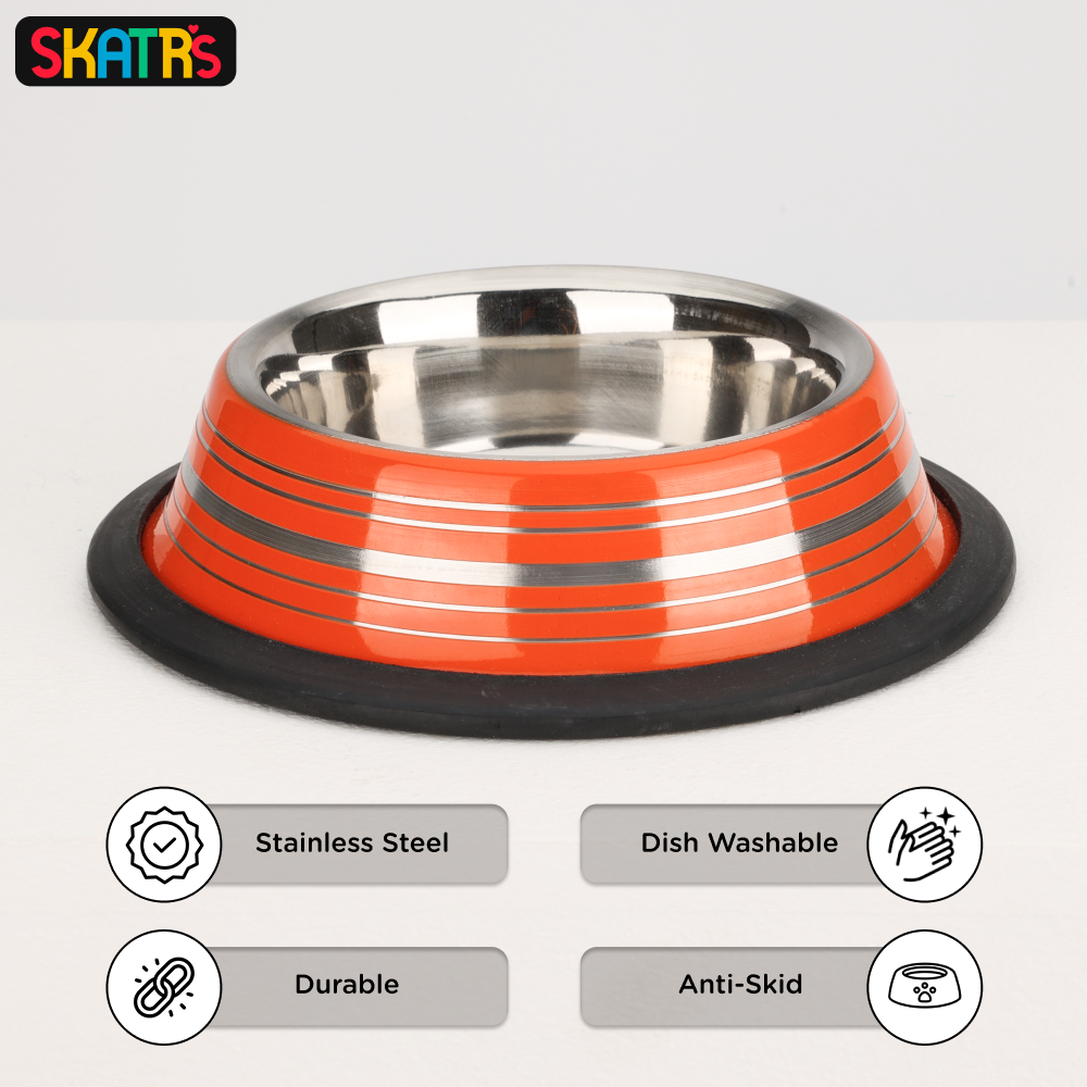 Skatrs Anti Skid Glossy Striped Bowl for Dogs and Cats (Orange) image 3