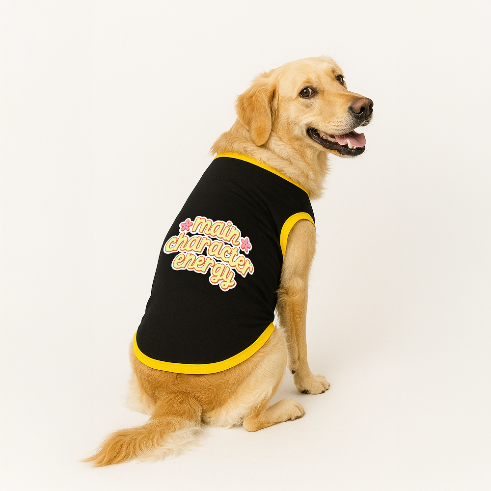 PawsIndia Main Character Energy Printed with Ribbed Sleeves TShirt for Dogs (Black)