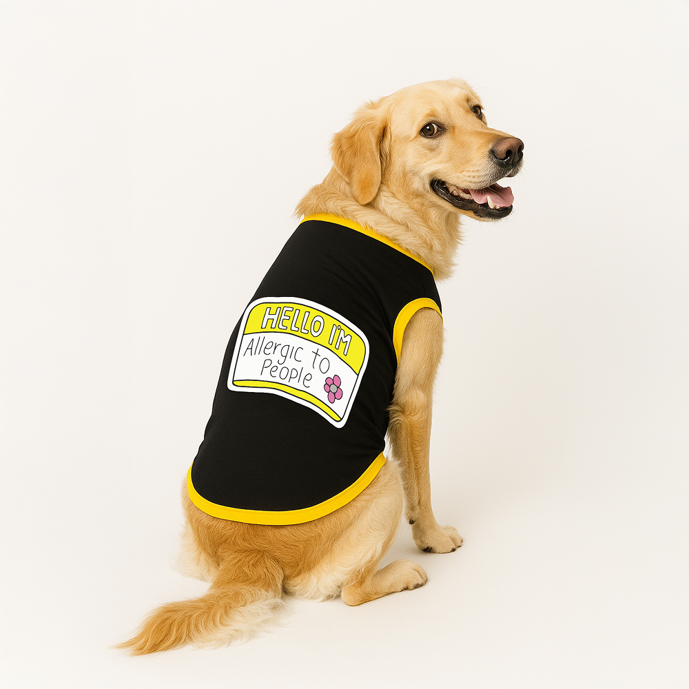 PawsIndia Hello I'm Allergic to People Printed with Ribbed Sleeves TShirt for Dogs (Black)