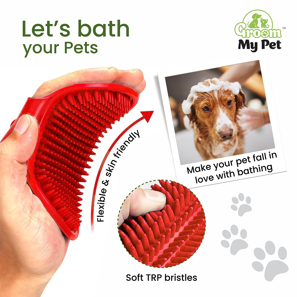 Groom My Pet Bathing & Grooming Hand Brush for Dogs and Cats (Red) image 2