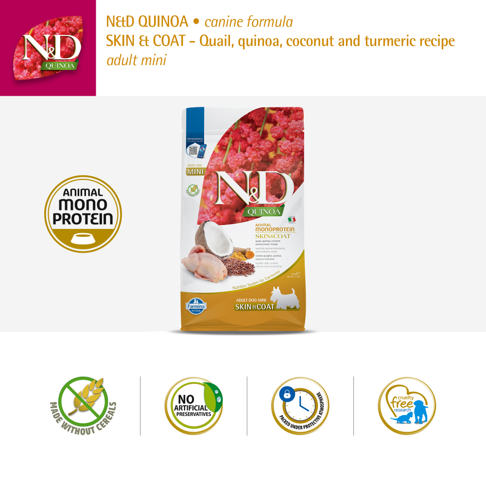 Farmina N&D Quinoa Quail Coconut & Turmeric Skin & Coat Adult Mini Dog Dry Food image 5