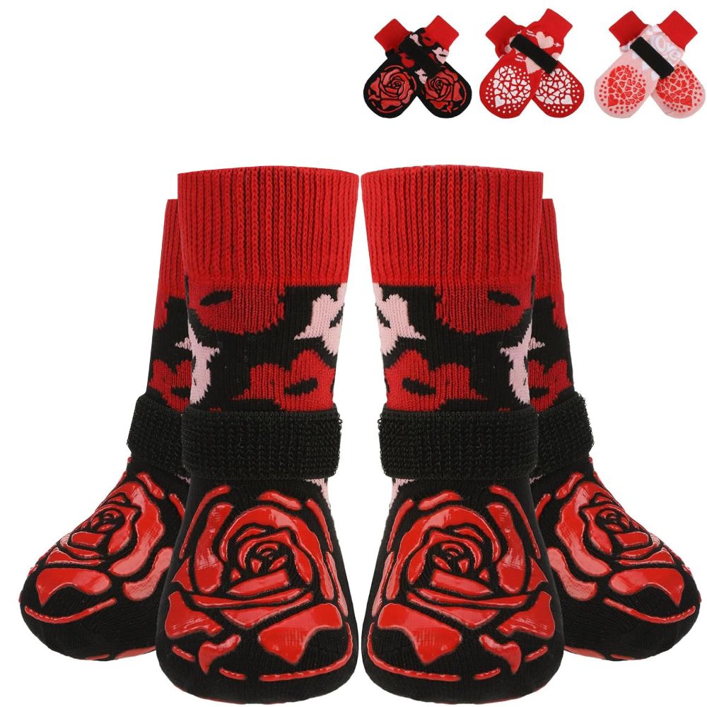 KUTKUT Adjustable Elastic Strapped Anti Slip Grip Paw Socks for Dogs (Red)