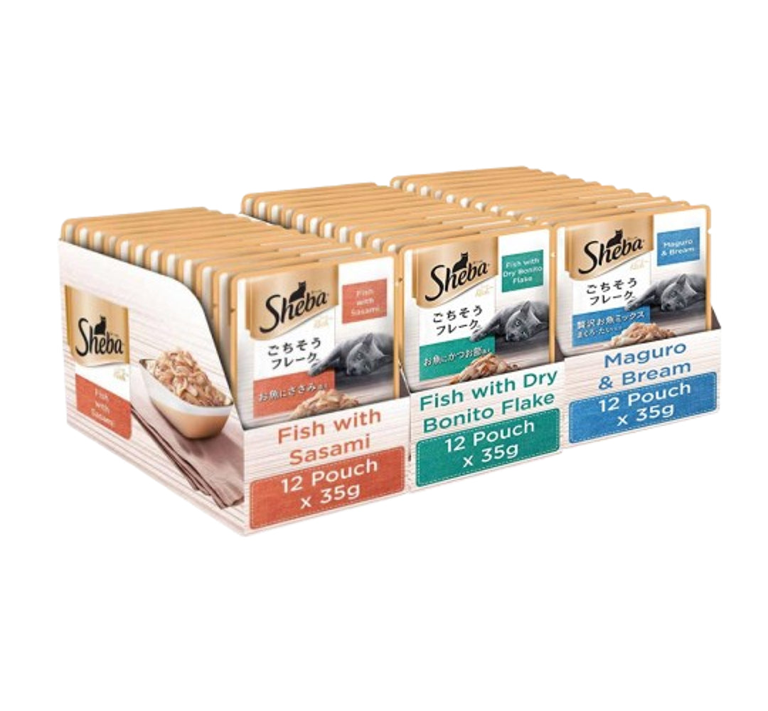 Sheba Fish with Sasami, Dry Bonito Flake and Maguro & Bream Fish Mix Premium Cat Wet Food Combo image 1