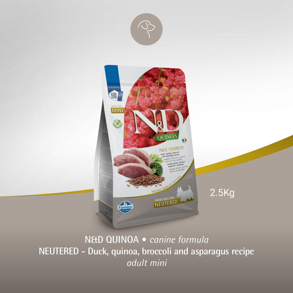 Farmina N&D Neutered Quinoa Duck, Broccoli & Asparagus Adult Mini Dog Dry Food image 8