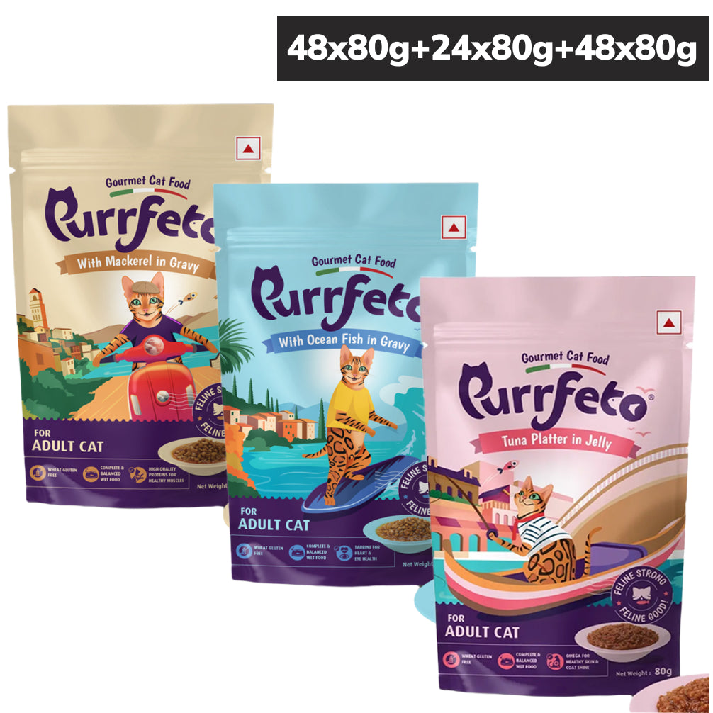 Purrfeto Mackerel in Gravy and Ocean Fish in Gravy and Tuna Recipe in Jelly Combo Adult Cat Wet Food