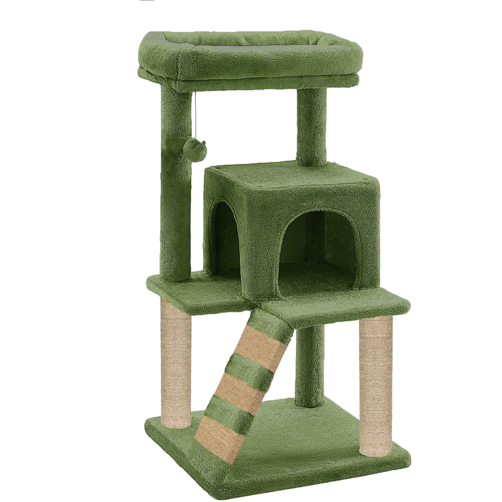 Furrlovers Fur Fabric Cat Tree with Ladder, Hanging Toy & Jute Rope Scratching Post (Green)