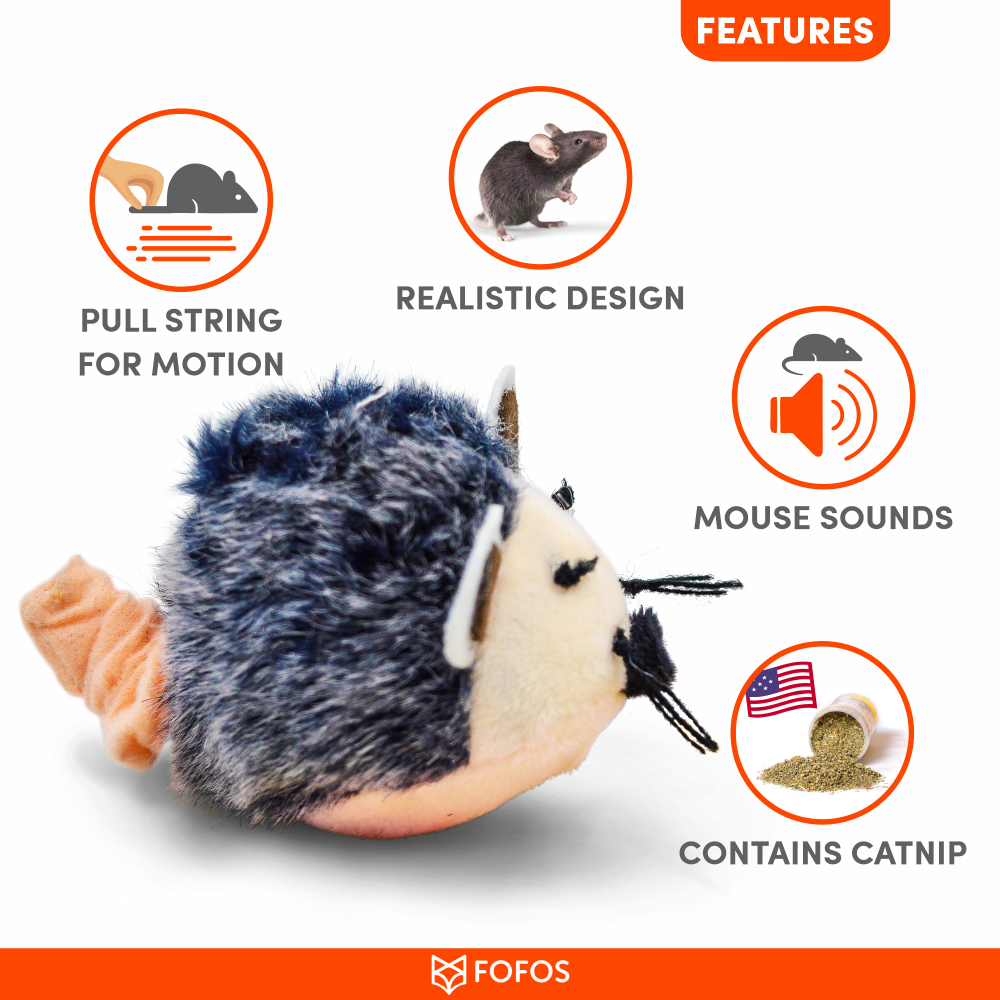 Barkbutler x Fofos Pull String & Sound Chip Mouse Shaped Electronic Toy for Cats (Grey) image 2