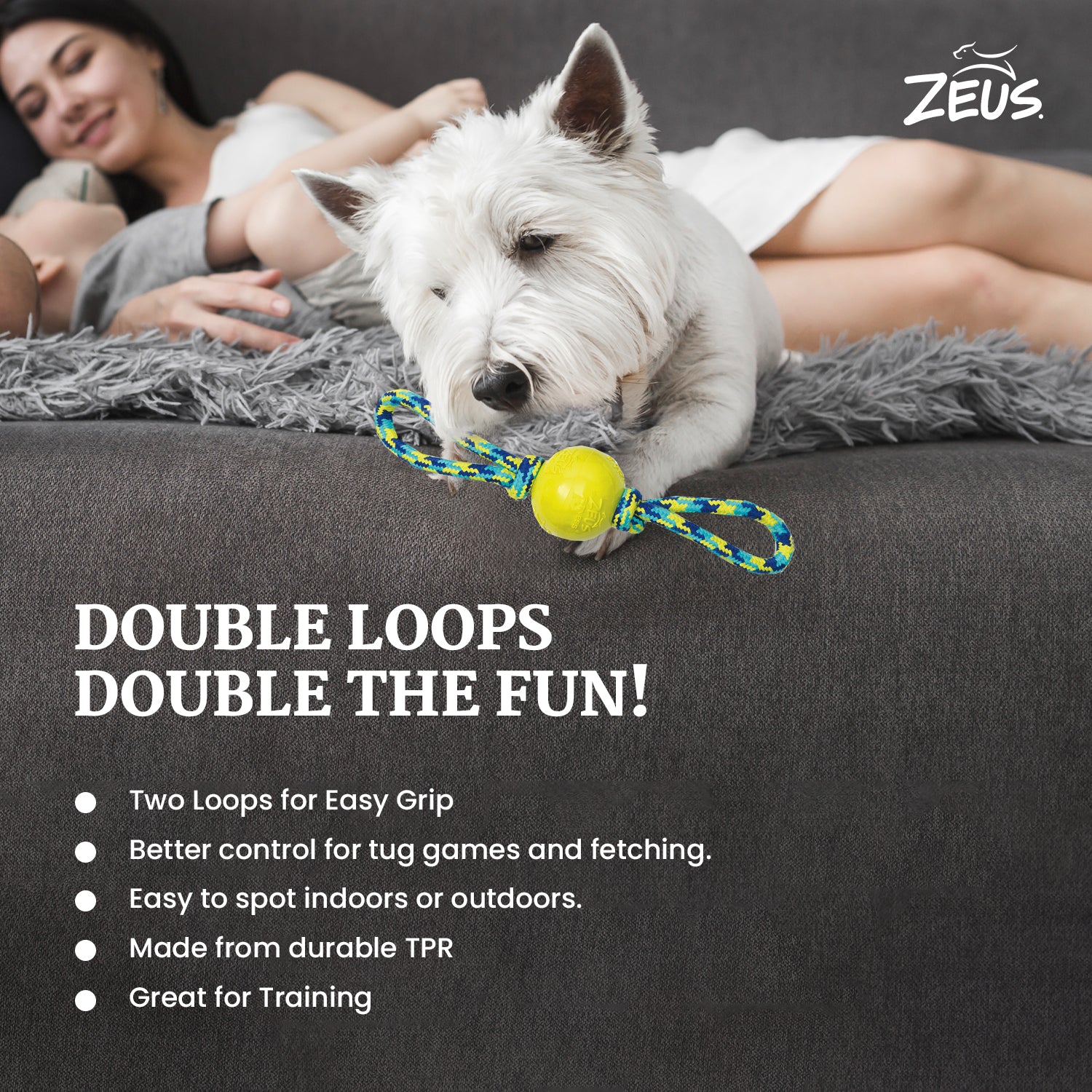 Zeus Rope Ball Tug with Hand Loops Toy for Dogs (Blue) image 3