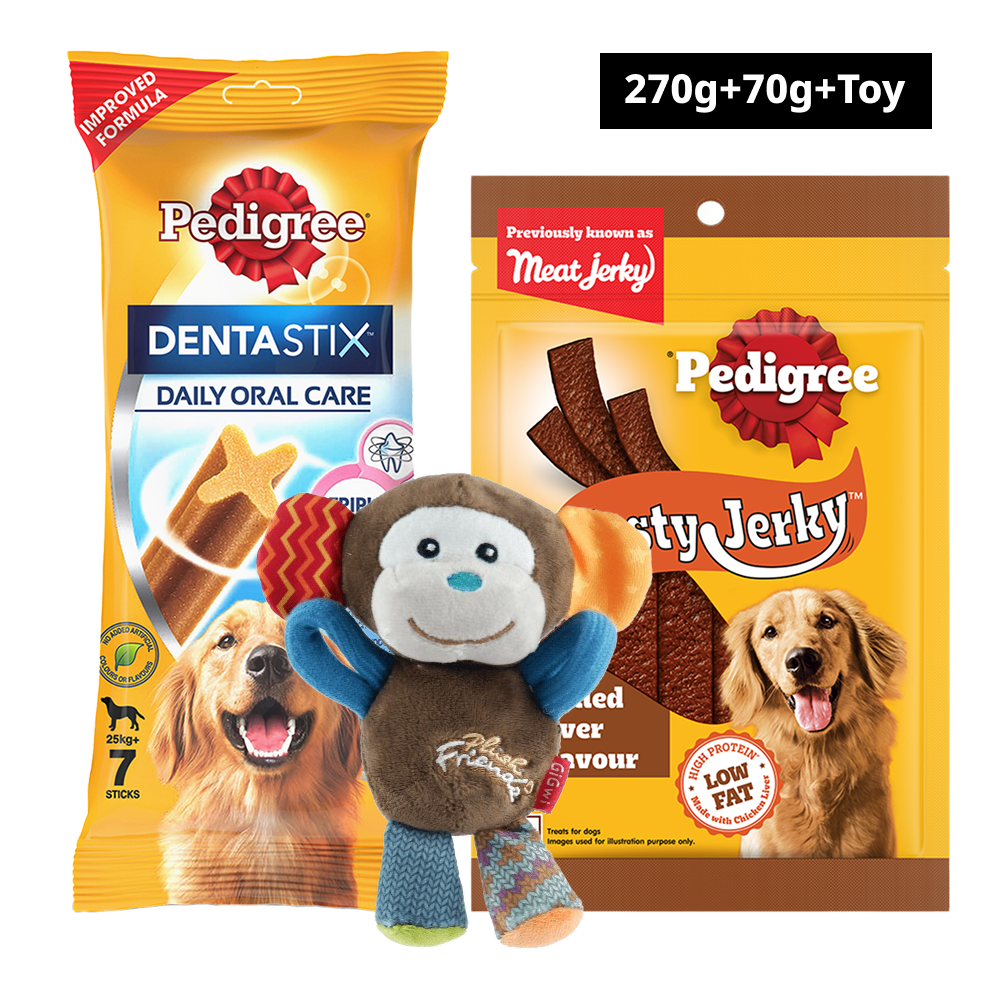 Pedigree Dentastix and Grilled Liver Treats with GiGwi Monkey Plush Toy Combo for Dogs