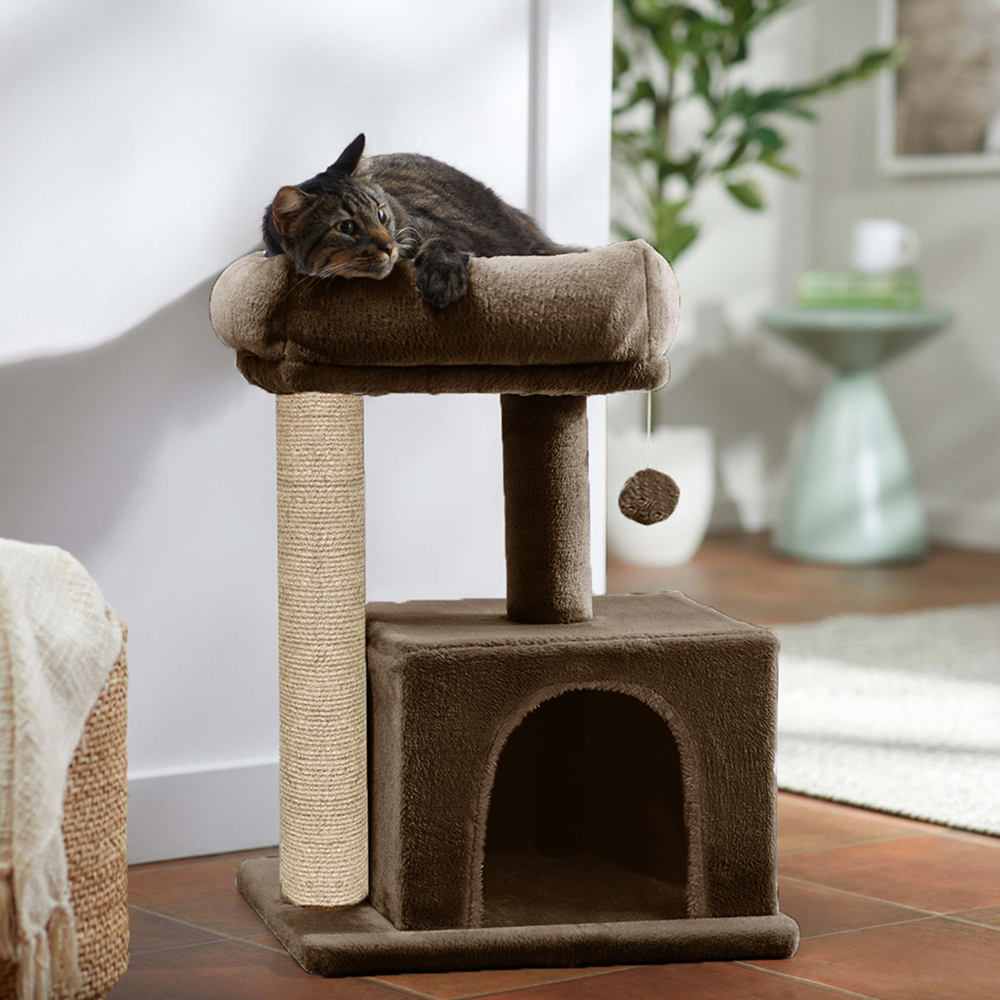 Furrlovers Plush Condo Cat Tree with Top Perch, Hanging Ball & Scratching Post (Brown)