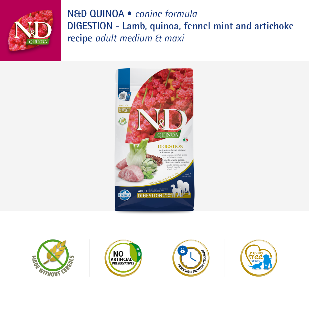 Farmina N&D Quinoa Lamb Mint & Fennel Digestion Grain Free Adult Medium Maxi Dry Dog Food image 6