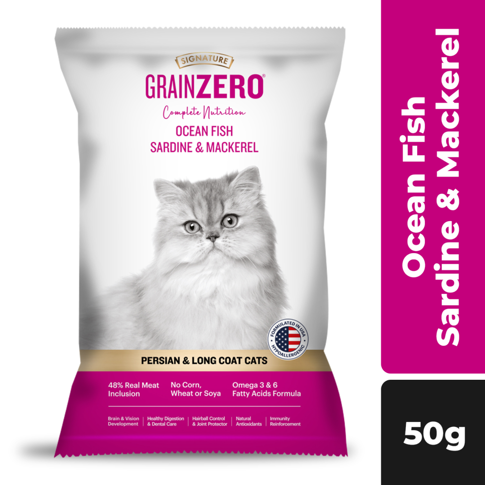Signature Grain Zero Ocean Fish, Sardine and Mackerel Long Coat & Persian Cat Dry Food (50g)