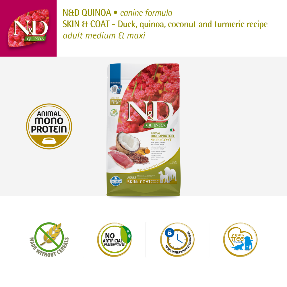 Farmina N&D Quinoa Duck Coconut & Turmeric Skin & Coat Grain Free Adult Medium & Maxi Dog Dry Food image 2
