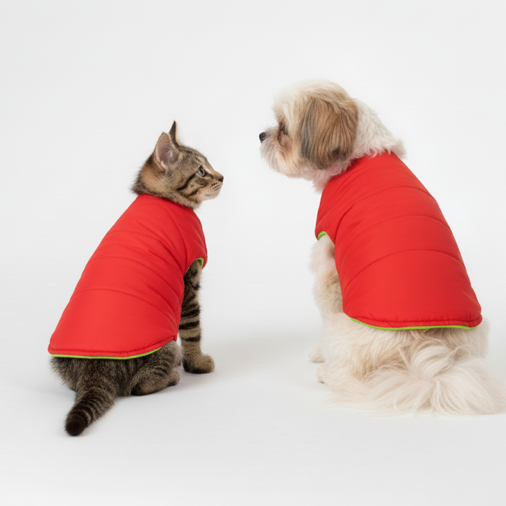 Skatrs Coral Red Puffer Reversible Jacket for Dogs and Cats | With Adjustable Baby Velcro