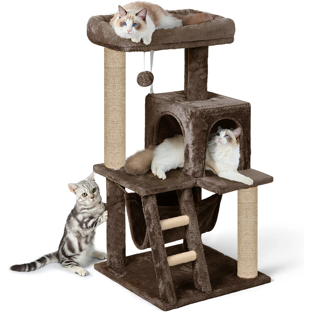 Furrlovers Plush Fabric Cat Tree with Top Bed, Hammock & Jute Rope Scratching Posts (Brown)