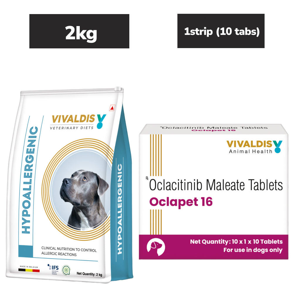 Vivaldis V Diet Hypoallergenic Dog Dry Food (2kg) and Vivaldis Oclapet (Oclacitinib) 16mg Tablets for Dogs  (pack of 10 tablets)