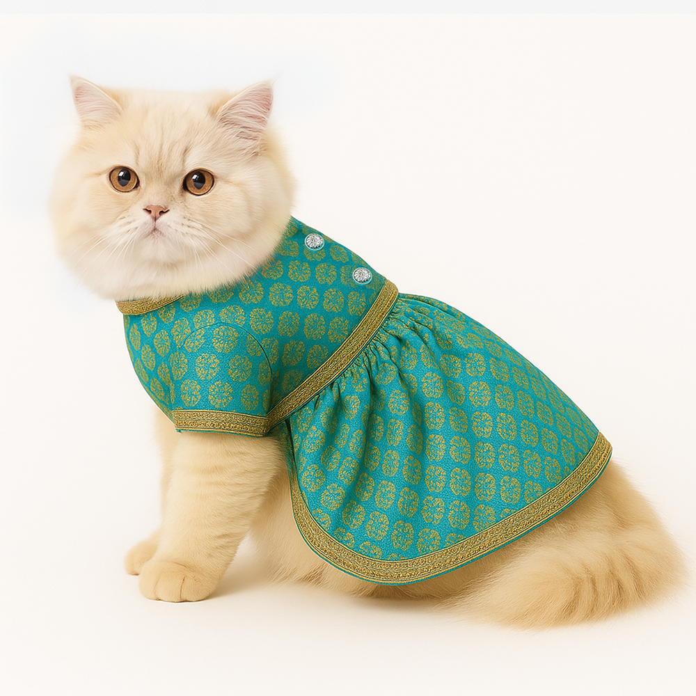 Pawsindia Traditional Royal Brocade Dress for Cats (Aqua Green)