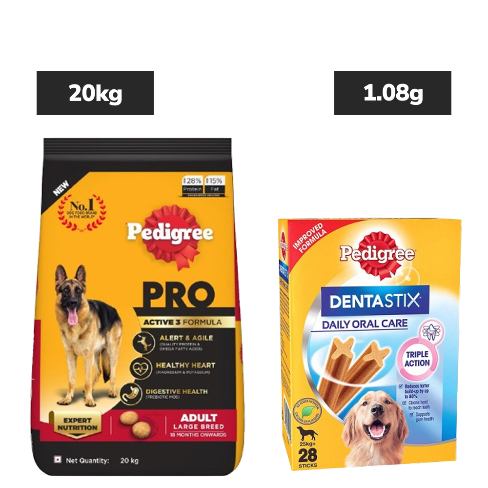Pedigree PRO Active Adult Large Breed Dry Food, Pedigree Dentastix Oral Care Adult Dogs Treat Combo image 1