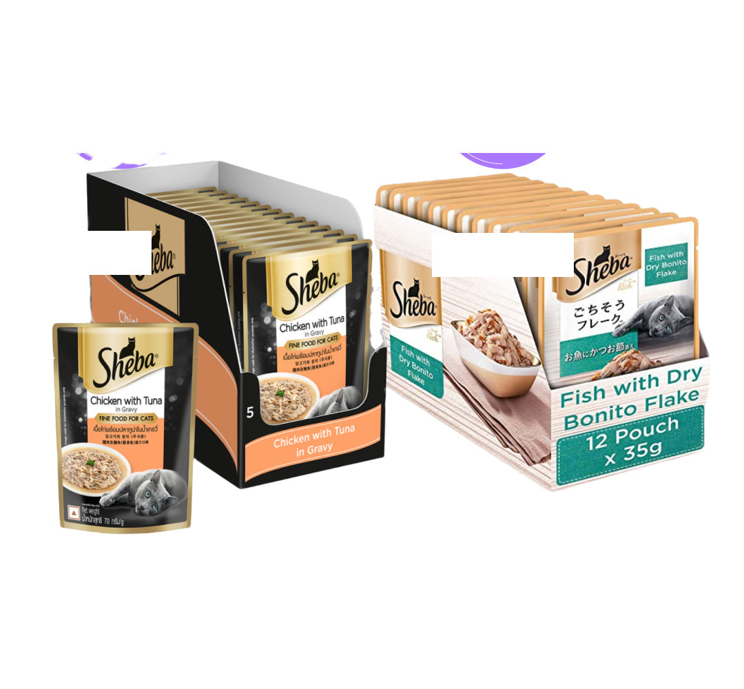 Sheba Chicken With Tuna In Gravy and Fish with Dry Bonito Flake Premium Cat Wet Food Combo image 1