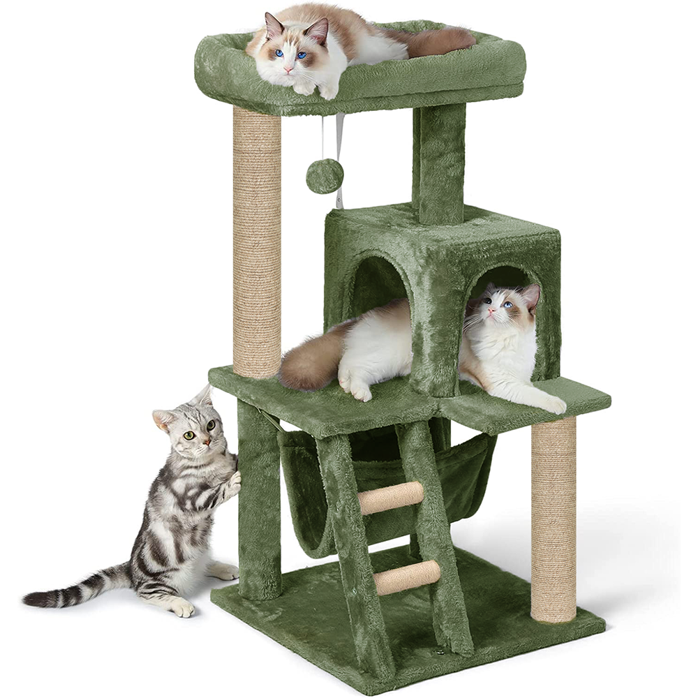 Furrlovers Plush Fabric Cat Tree with Top Bed, Hammock & Jute Rope Scratching Posts (Green)