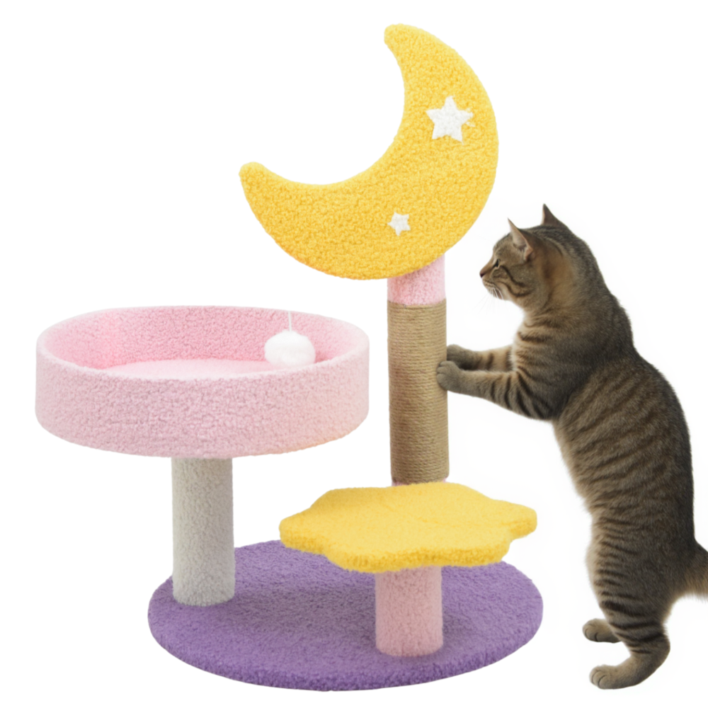 FurryLiving Tsuki Moon Themed Cat Tree 3 Tier Cat and Kitten Scratching Post and Hanging Toy for Cats