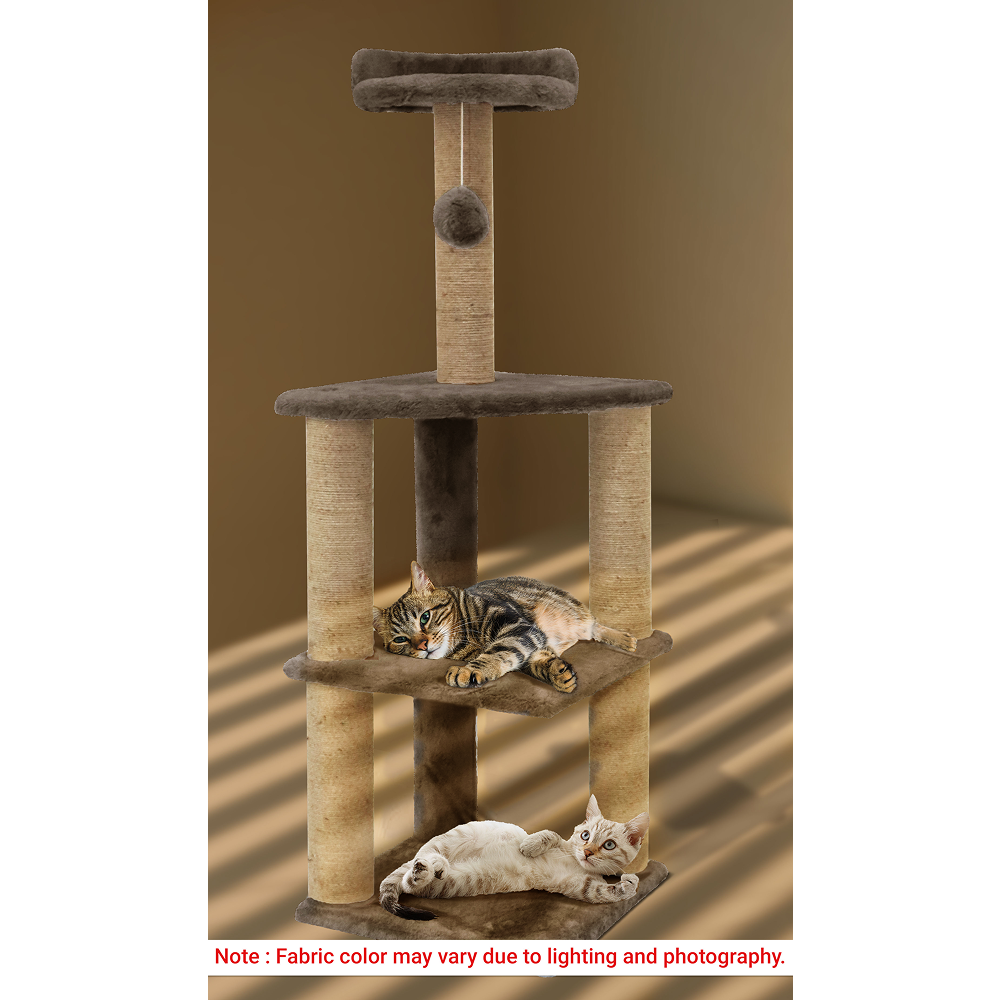 Furrlovers Three Floor Soft Fur Activity Cat Tree for Kittens & Cats with Scratching Post, Natural Sisal Rope & Hanging Ball (Brown)