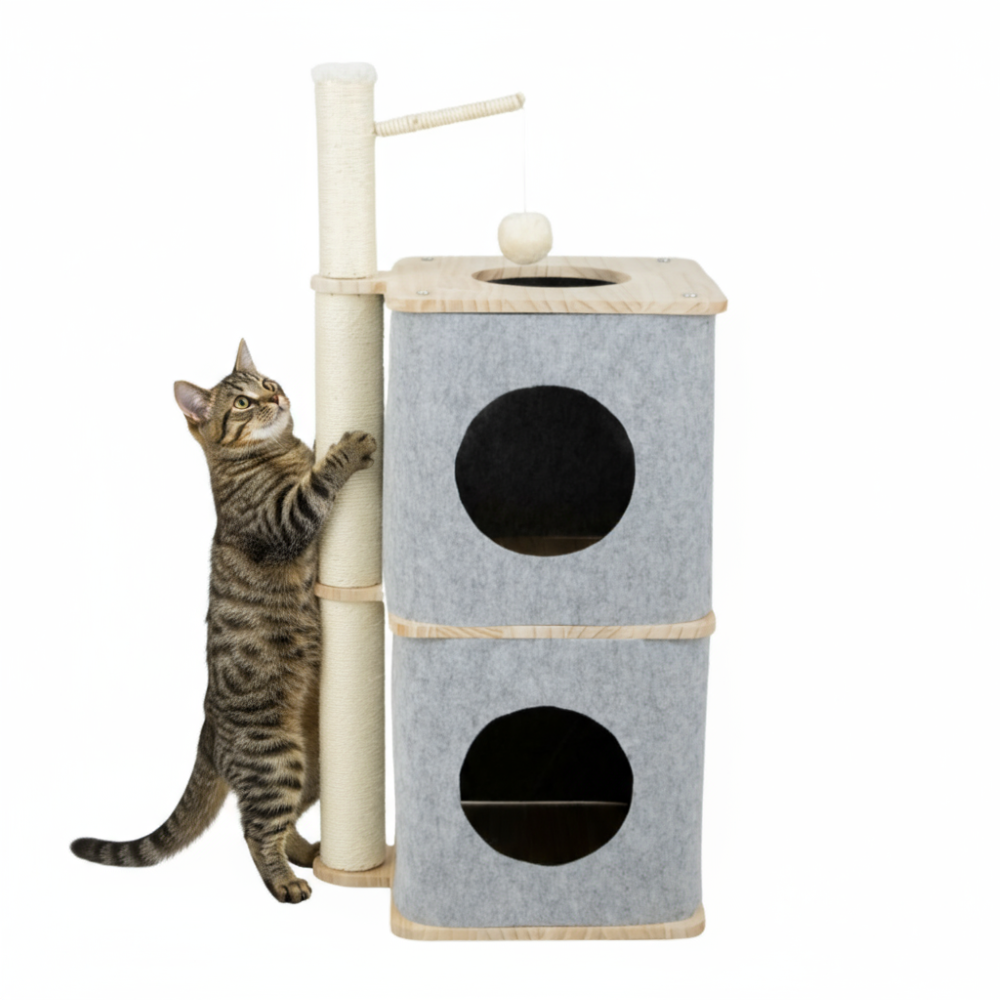 FurryLiving Nara Dual-Level Felt Condo with Scratch Pole & Hanging Toy Cat Tree