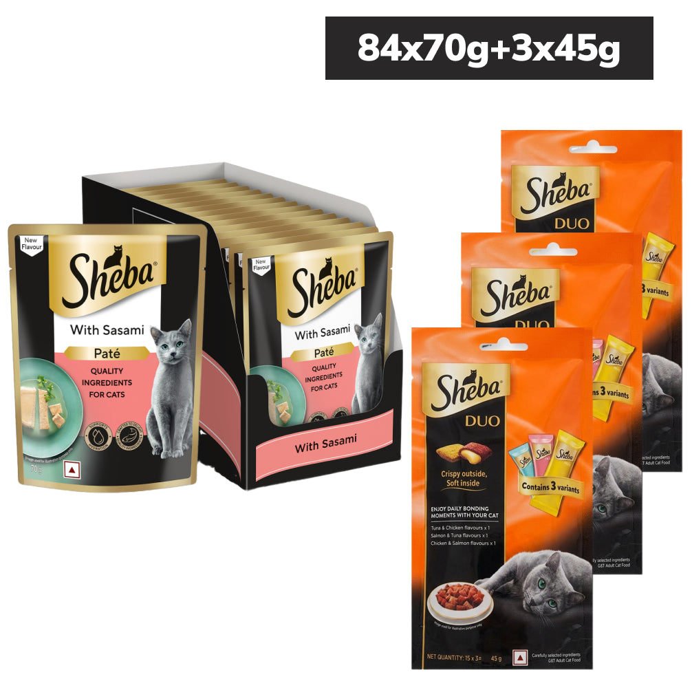 Sheba Sasami Pate Wet Food and Duo Tuna & Chicken, Salmon & Tuna, Chicken & Salmon Crunchy Treats Combo for Adult Cat